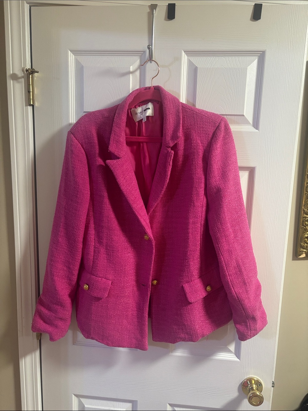 Fashion Nova Hot Pink Tweed Blazer with Gold Buttons